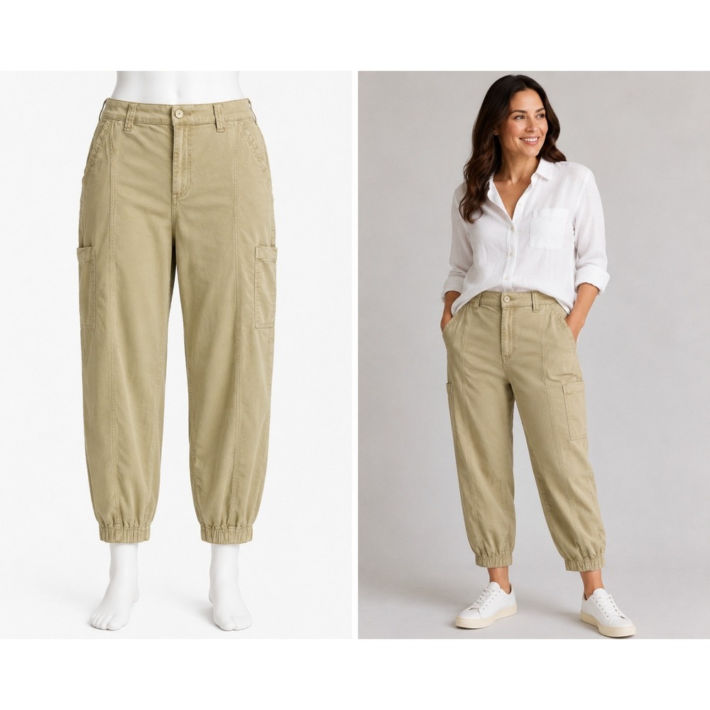American Eagle Barrel Cargo Pants Size 10 Khaki Tan Utility Stretch Tapered Leg
